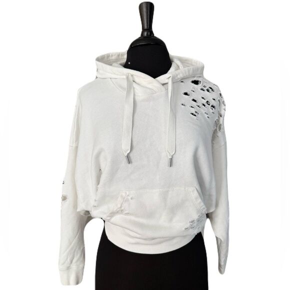 Express White Terry Cloth Cropped Distressed Hoodie - Picture 1 of 8